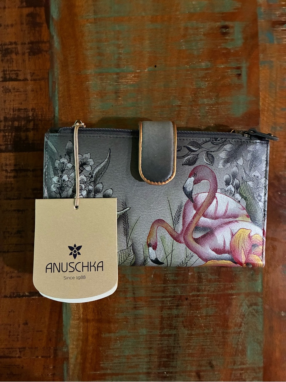 Anuschka Flamingo Hand Painted Leather Crossbody Wallet NWT